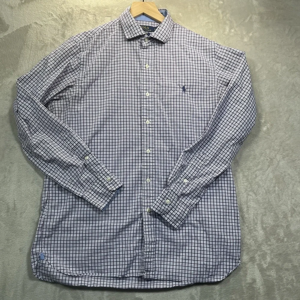 Polo Ralph Lauren Shirt M Blue Plaid Cotton Stretch Button Down Long Sleeve‎